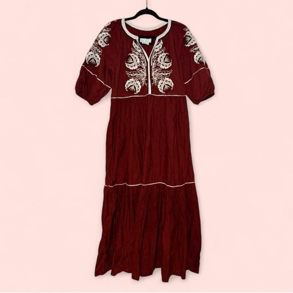 Anthropologie Burgundy Maxi Dress with White Embroidery